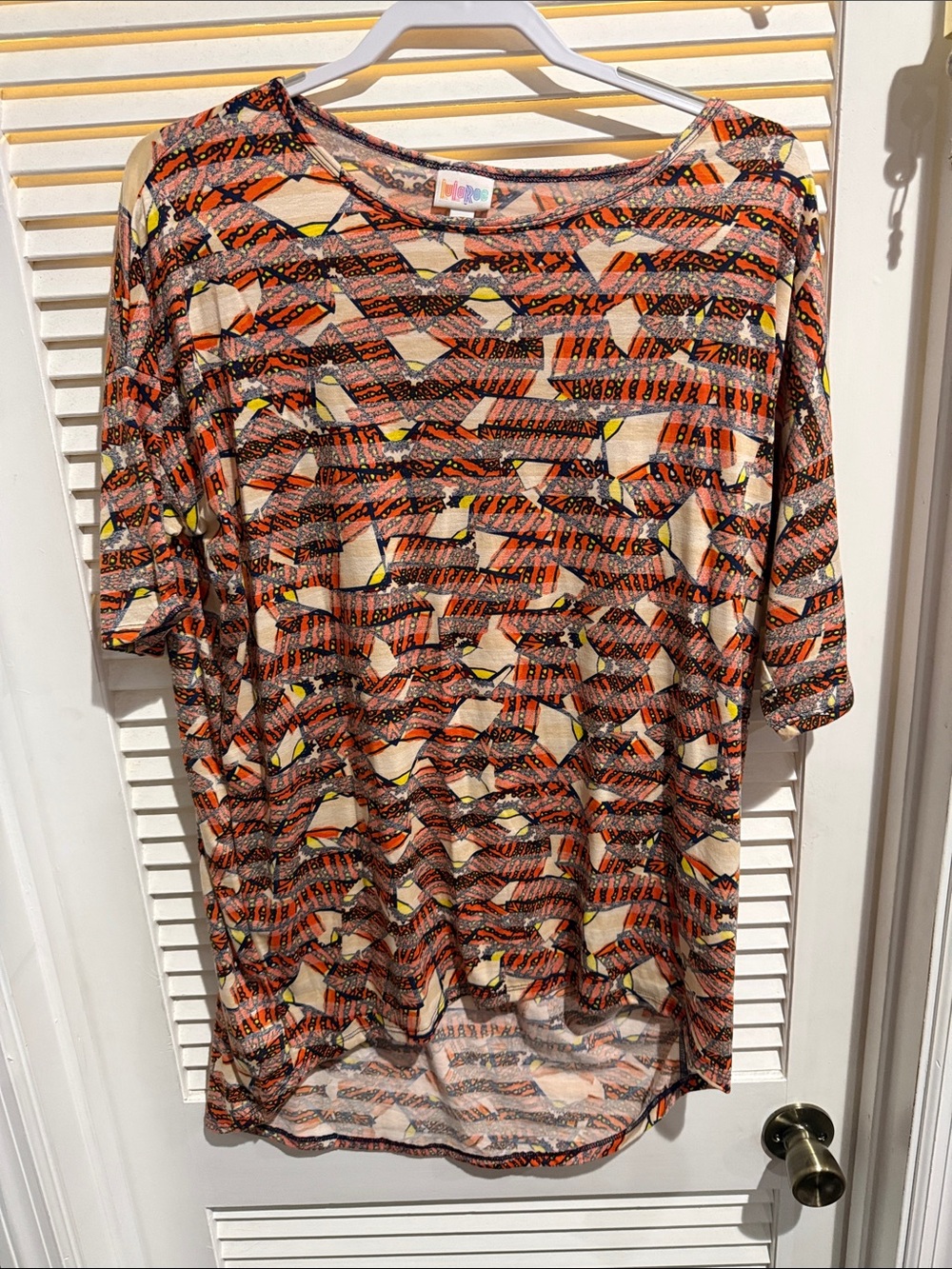 LuLaRoe Multi-Color Geometric Scoop-Neck Tunic (Orange, Yellow, Black)